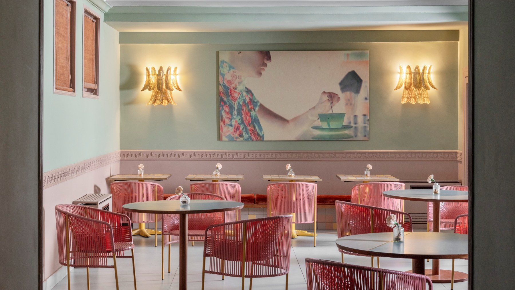 Design breakfast room with pink rope chairs and pastel walls in hotel - Hotel Milani, BZAR hotels in Rome